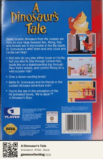 A Dinosaur's Tale Sega Mega Drive / Genesis, NTSC box back