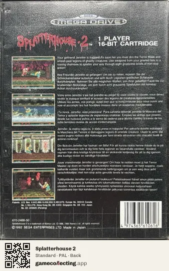 Splatterhouse 2 Sega Mega Drive / Genesis, PAL box back