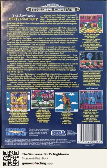 The Simpsons: Bart's Nightmare Sega Mega Drive / Genesis, PAL box back