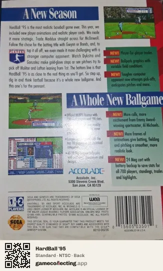 HardBall '95 Sega Mega Drive / Genesis, NTSC box back