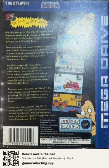 Beavis and Butt-Head Sega Mega Drive / Genesis, United Kingdom box back