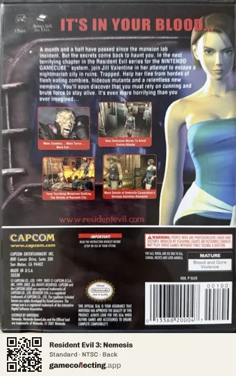 Resident Evil 3: Nemesis Nintendo GameCube, NTSC box back