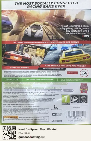 Need for Speed: Most Wanted Xbox 360, PAL box back