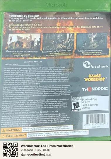 Warhammer: End Times: Vermintide Xbox One, NTSC box back