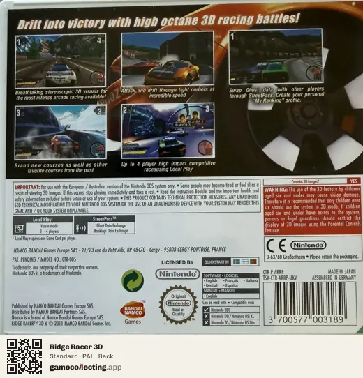Ridge Racer 3D Nintendo 3DS, PAL box back