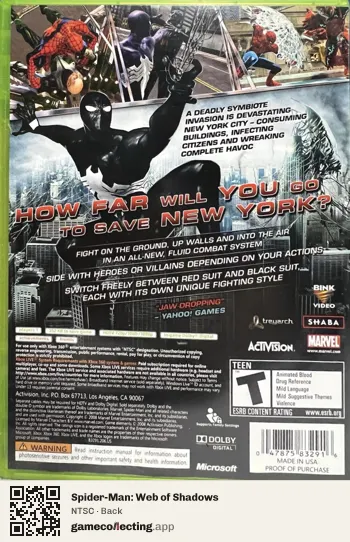 Spider-Man: Web of Shadows Xbox 360, NTSC box back