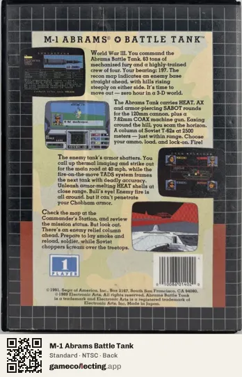 M-1 Abrams Battle Tank Sega Mega Drive / Genesis, NTSC box back