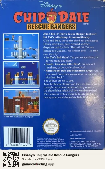 Disney's Chip 'n Dale Rescue Rangers Nintendo Entertainment System, NTSC box back