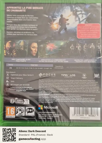 Aliens: Dark Descent Xbox Series X, France box back