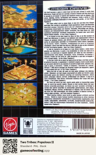 Two Tribes: Populous II Sega Mega Drive / Genesis, PAL box back