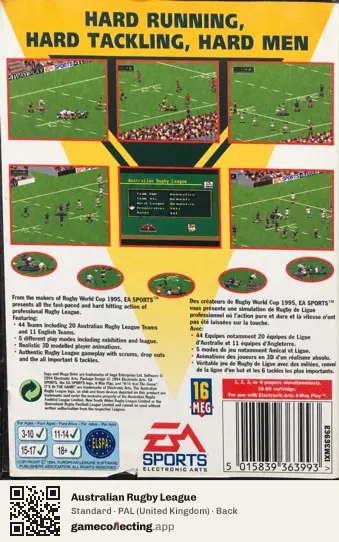 Australian Rugby League Sega Mega Drive / Genesis, United Kingdom box back