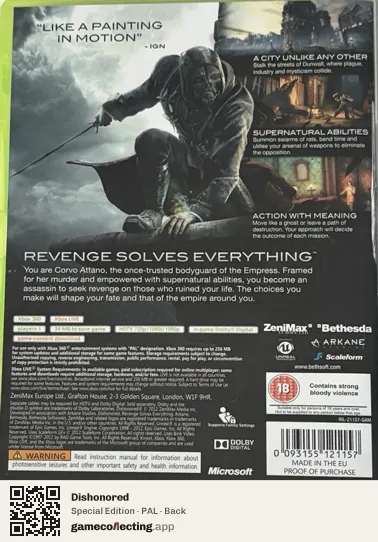 Dishonored Xbox 360, PAL box back