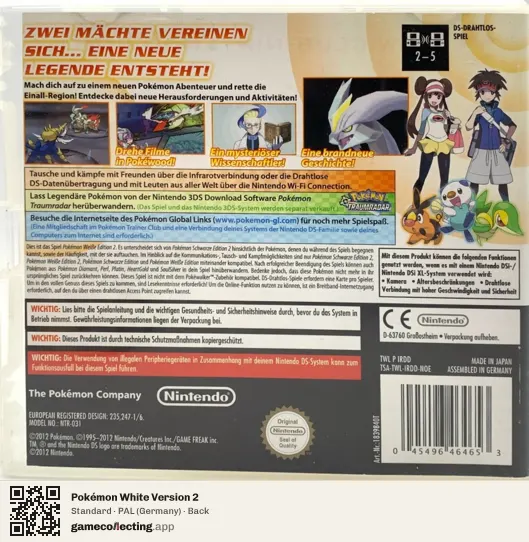 Pokémon White Version 2 Nintendo DS, Germany box back