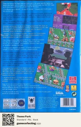 Theme Park Sega Mega Drive / Genesis, PAL box back