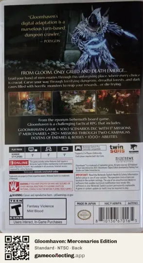 Gloomhaven: Mercenaries Edition Nintendo Switch, NTSC box back