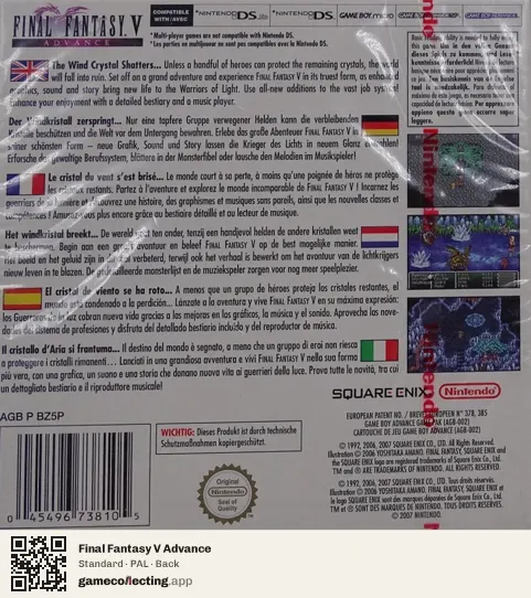 Final Fantasy V Advance Game Boy Advance, PAL box back