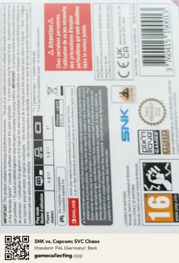 SNK vs. Capcom: SVC Chaos Nintendo Switch, Germany box back