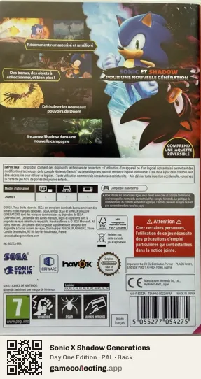 Sonic X Shadow Generations Nintendo Switch, PAL box back