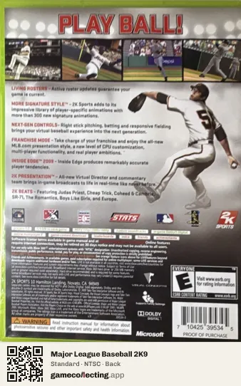 Major League Baseball 2K9 Xbox 360, NTSC box back