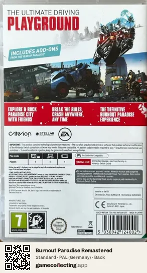 Burnout Paradise Remastered Nintendo Switch, Germany box back