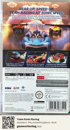Team Sonic Racing Nintendo Switch, United Kingdom box back