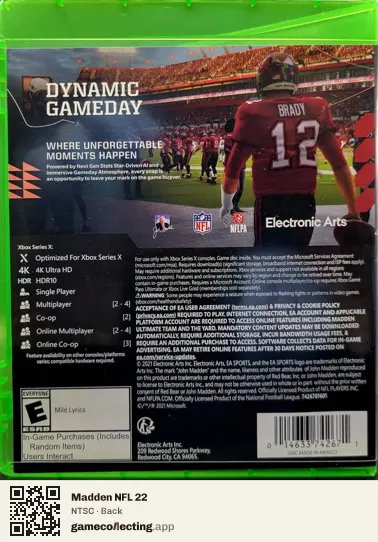 Madden NFL 22 Xbox Series X, NTSC box back