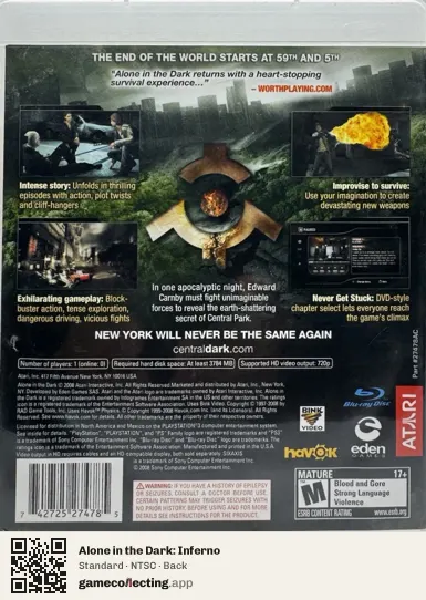 Alone in the Dark: Inferno PlayStation 3, NTSC box back