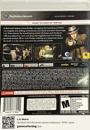 L.A. Noire PlayStation 3, NTSC box back