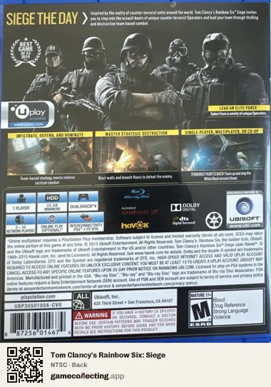 Tom Clancy's Rainbow Six: Siege PlayStation 4, NTSC box back