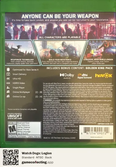 Watch Dogs: Legion Xbox One, NTSC box back