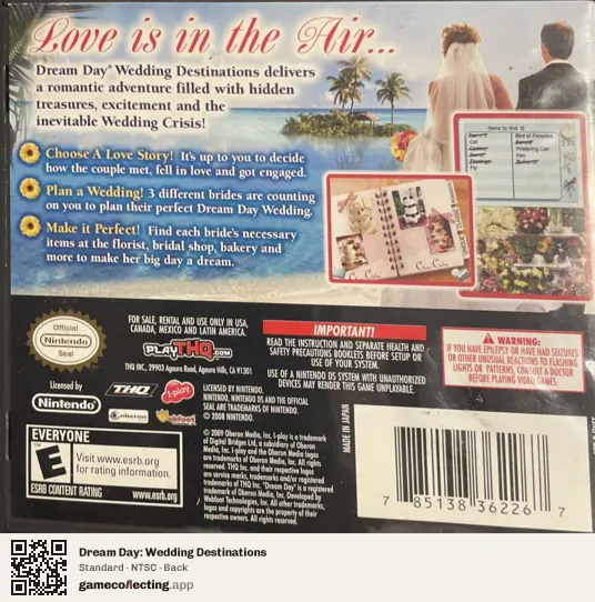 Dream Day: Wedding Destinations Nintendo DS, NTSC box back