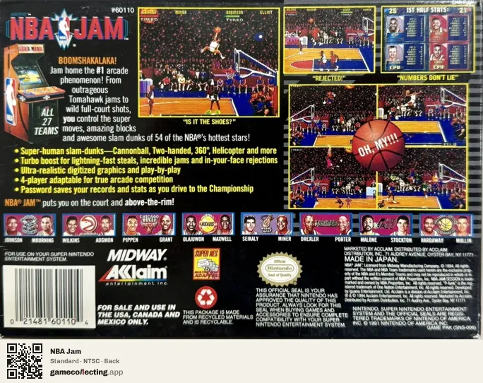 NBA Jam Super Nintendo Entertainment System, NTSC box back