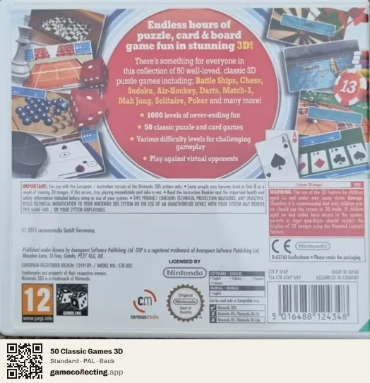 50 Classic Games 3D Nintendo 3DS, PAL box back