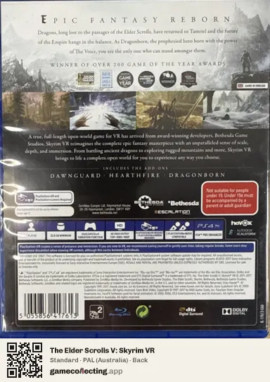 The Elder Scrolls V: Skyrim VR PlayStation 4, Australia box back