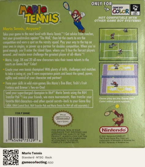 Mario Tennis Game Boy Color, NTSC box back