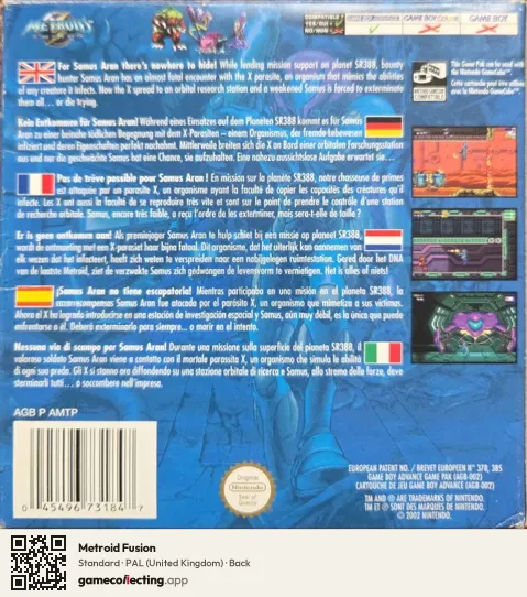 Metroid Fusion Game Boy Advance, United Kingdom box back