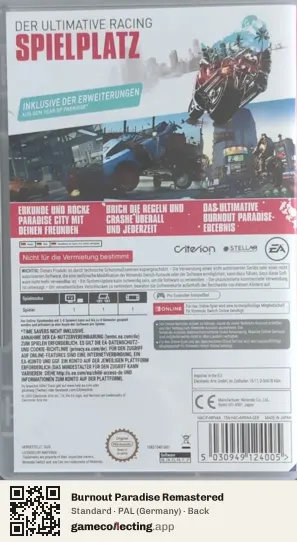 Burnout Paradise Remastered Nintendo Switch, Germany box back