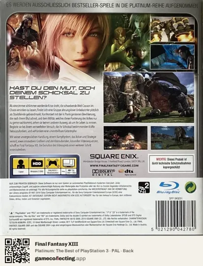 Final Fantasy XIII PlayStation 3, PAL box back