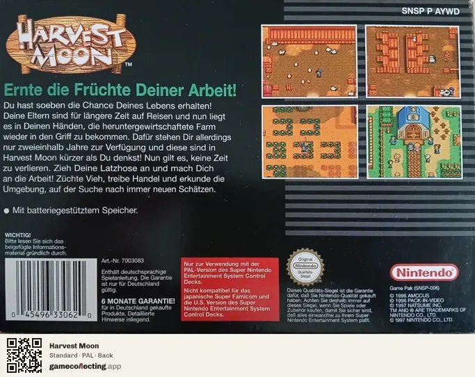 Harvest Moon Super Nintendo Entertainment System, PAL box back