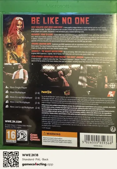 WWE 2K18 Xbox One, PAL box back