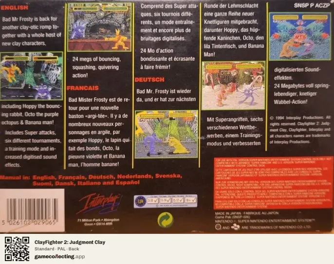ClayFighter 2: Judgment Clay Super Nintendo Entertainment System, PAL box back