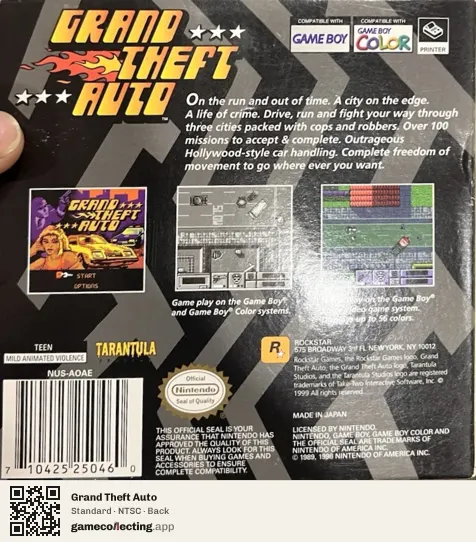 Grand Theft Auto Game Boy Color, NTSC box back