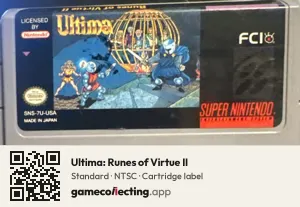 Ultima: Runes of Virtue II Super Nintendo Entertainment System, NTSC cartridge label