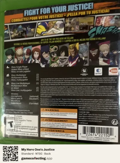 My Hero One's Justice Xbox One, NTSC box back