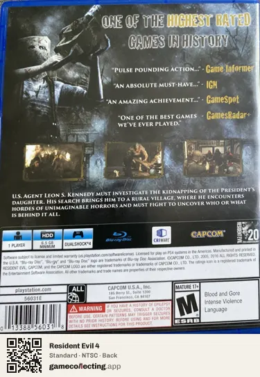 Resident Evil 4 PlayStation 4, NTSC box back