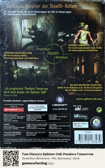 Tom Clancy's Splinter Cell: Pandora Tomorrow Computer, Germany box back