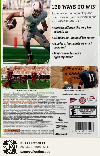 NCAA Football 11 Xbox 360, NTSC box back