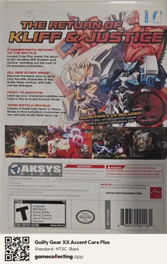 Guilty Gear XX Accent Core Plus Nintendo Wii, NTSC box back