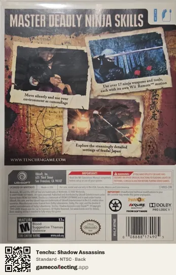 Tenchu: Shadow Assassins Nintendo Wii, NTSC box back