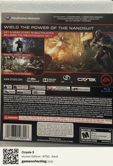 Crysis 3 PlayStation 3, NTSC box back